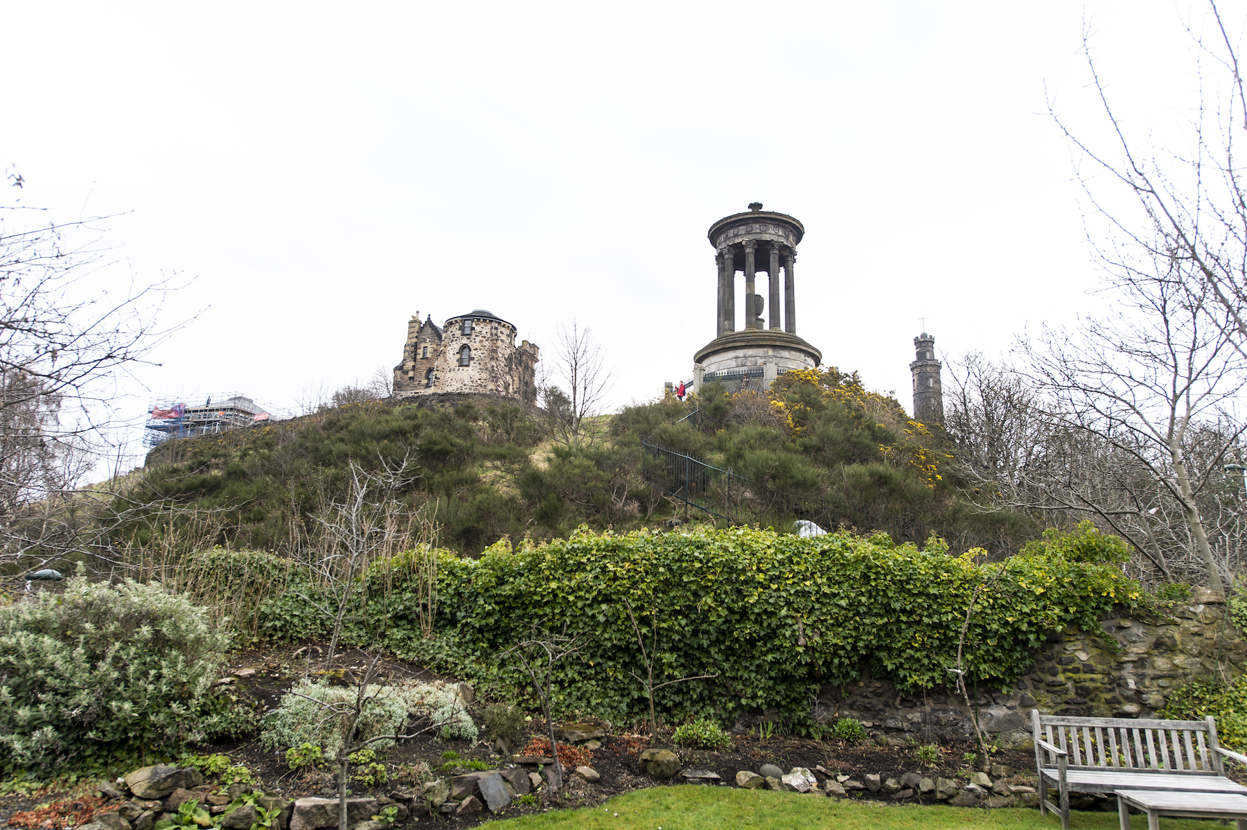 View from the garden of Rock House up to the Dugald Stewart Monument and City Observatory on Calton Hill