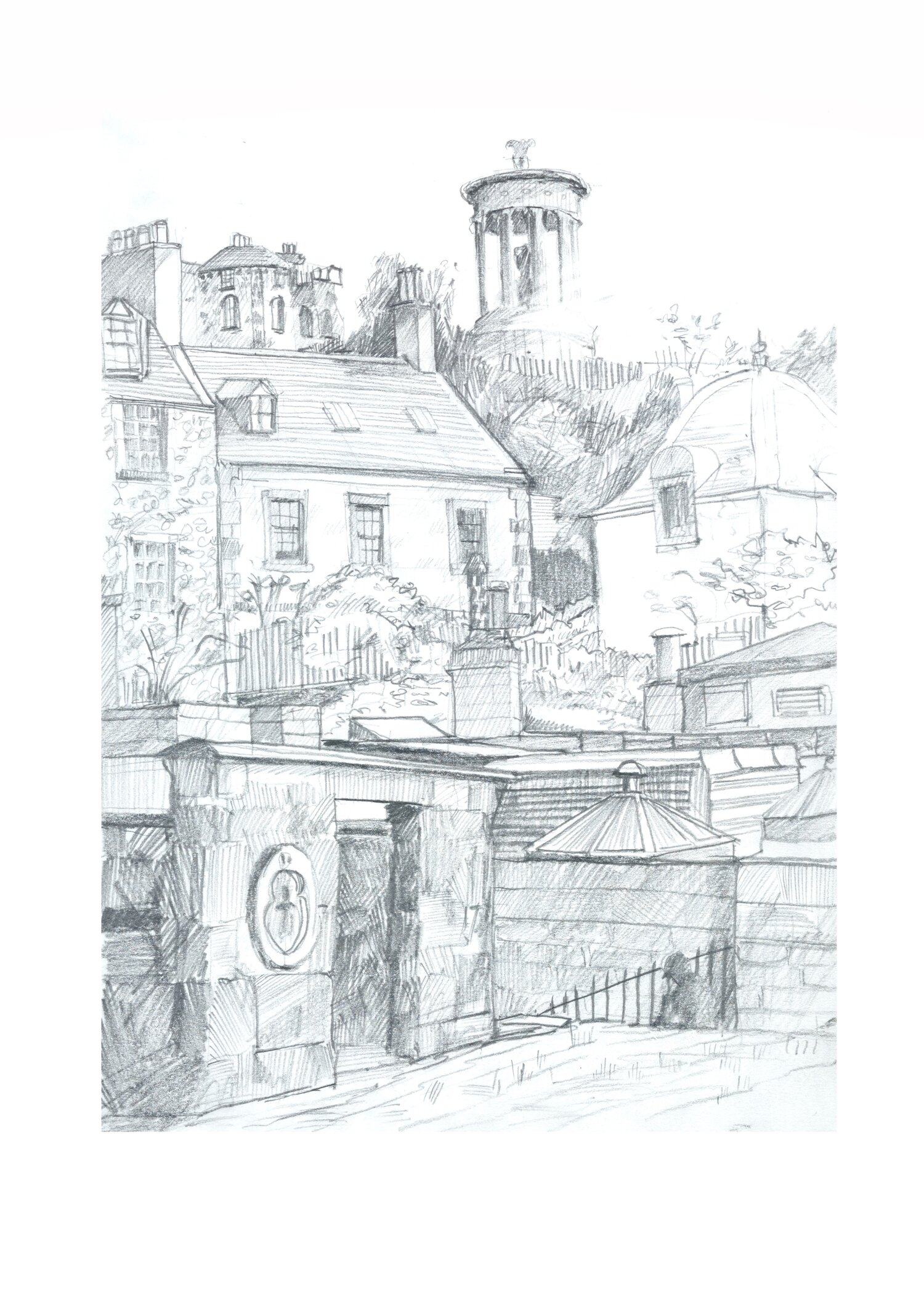 Pencil sketch drawn in the Old Calton burial ground below Rock House